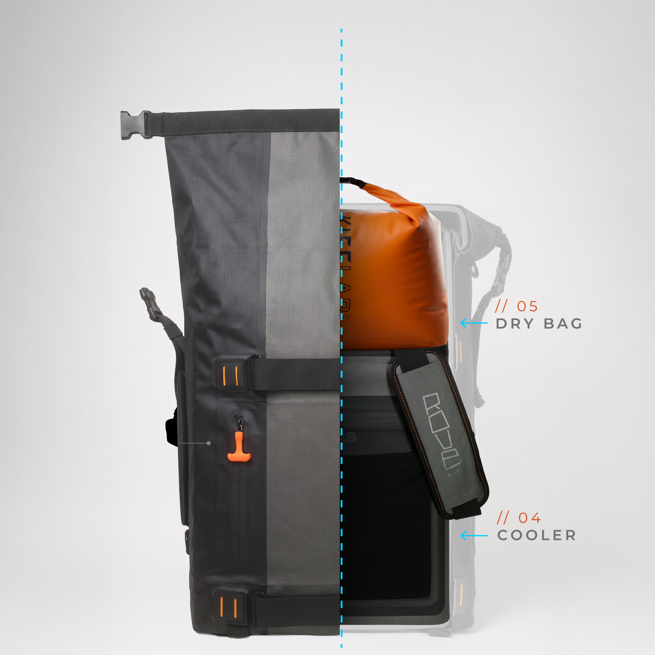 ROVE modular backpack beach day setup — Shell with Cooler and Dry Bag