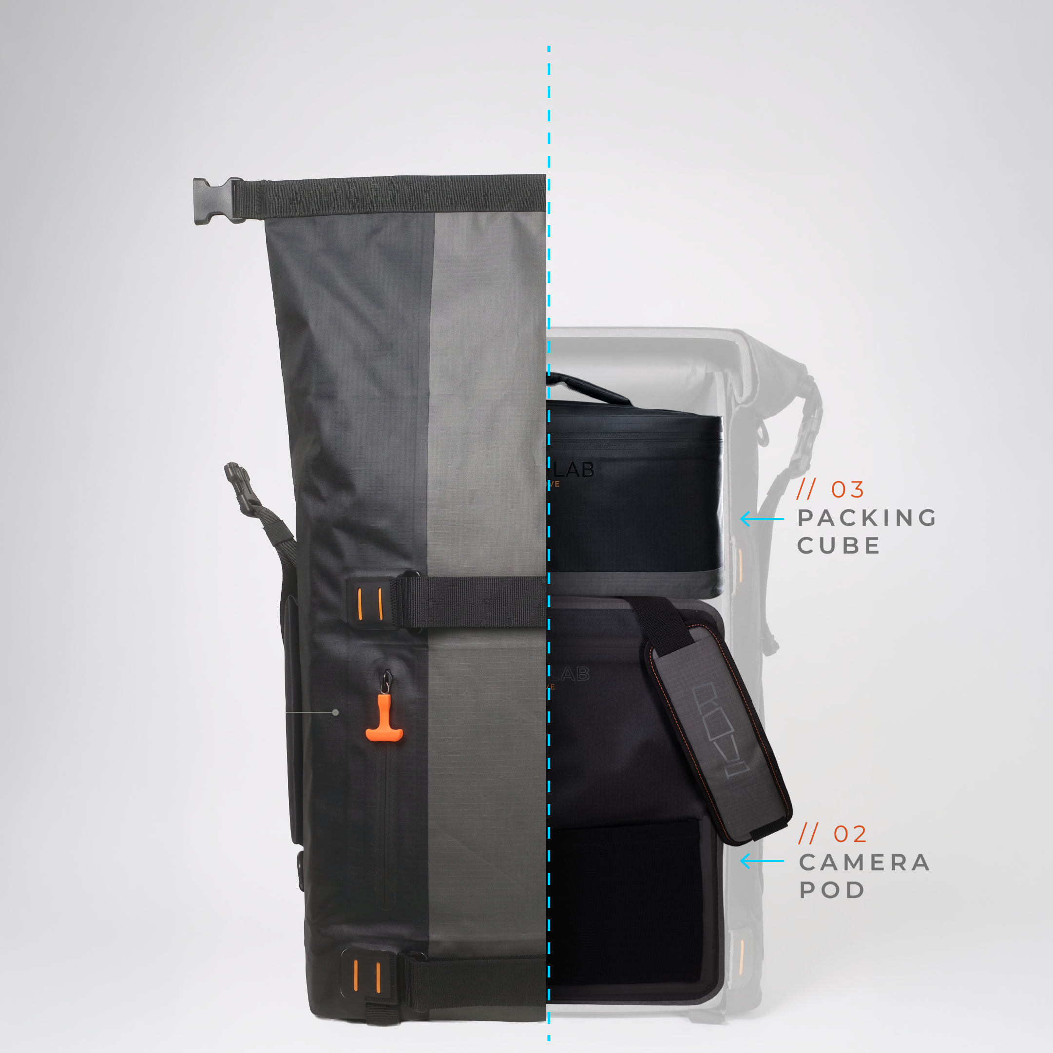 ROVE modular backpack creator setup — Shell with Camera Pod and Packing Cube