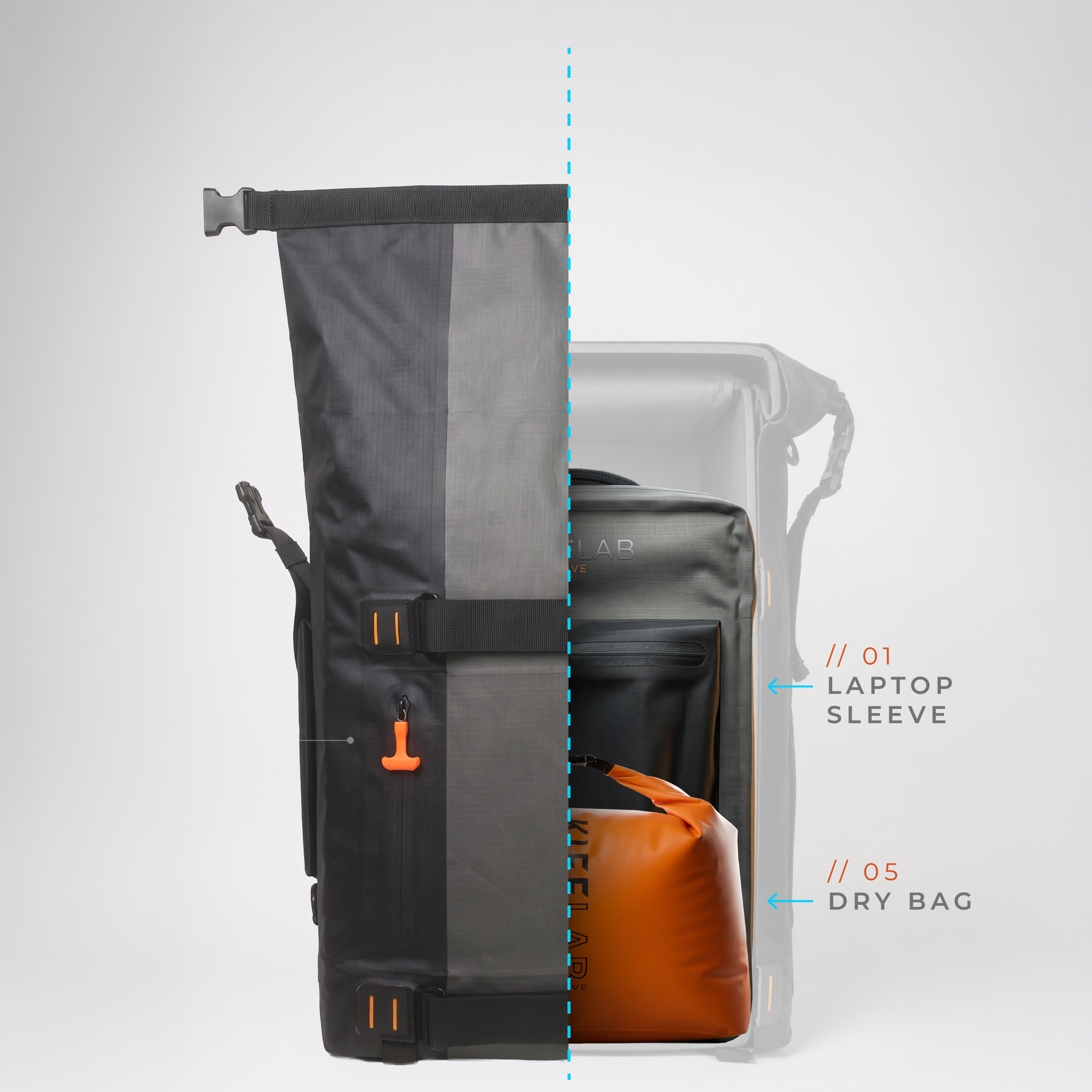 ROVE modular backpack work setup — Shell with Camera Pod and Dry Bag